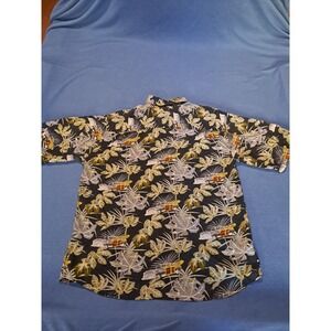 Bruno B Mens XL Silk Hawaiian Shirt Tropical Leaf Vintage Car Print Black Green